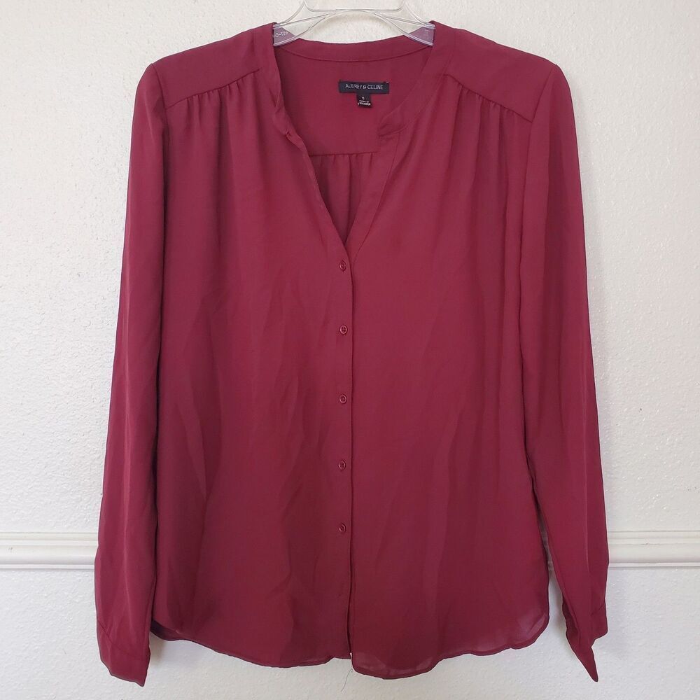 Audrey‎ & Celine Blouse Button Up V Neck Womens Small Maroon Sheer Long Sleeve